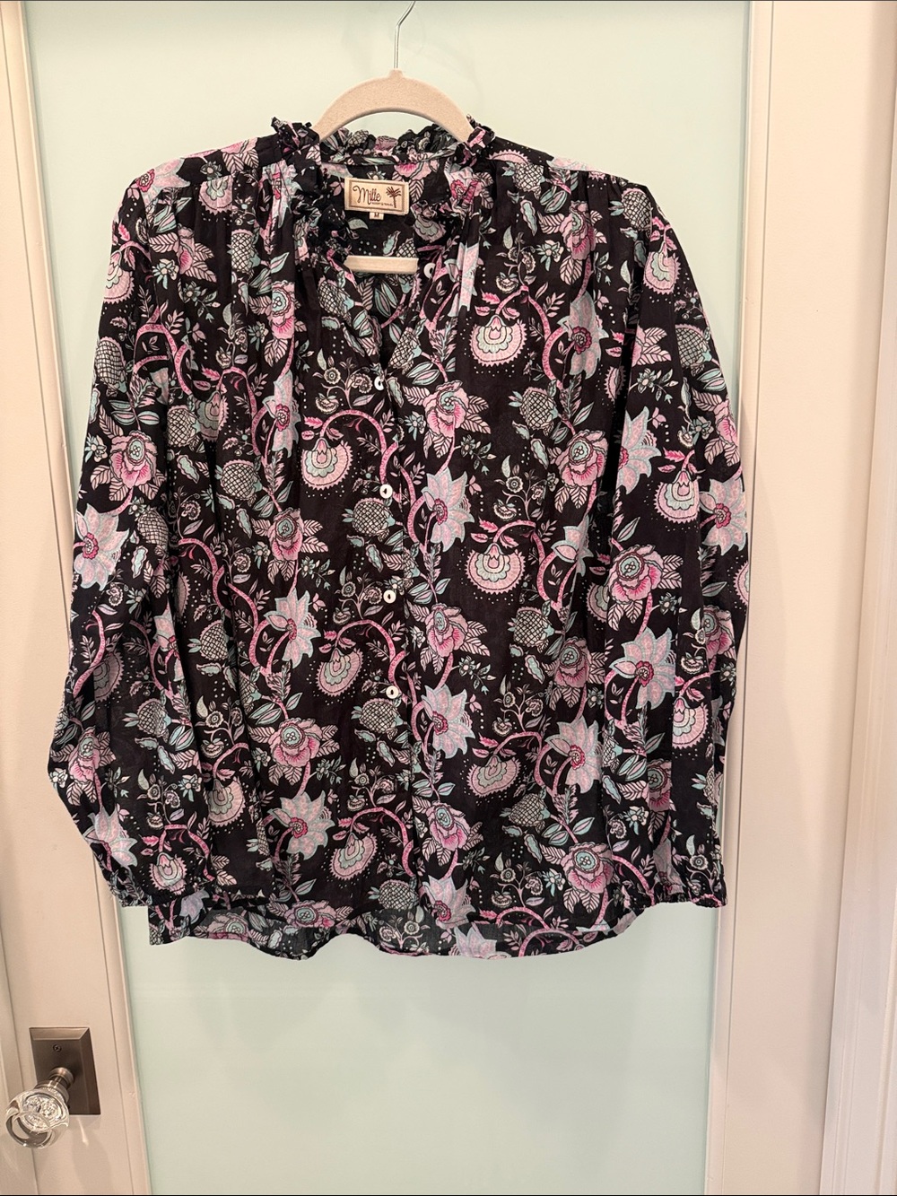 Milly Black Floral Ruffle-Neck Blouse with Pink & Light Blue Accents